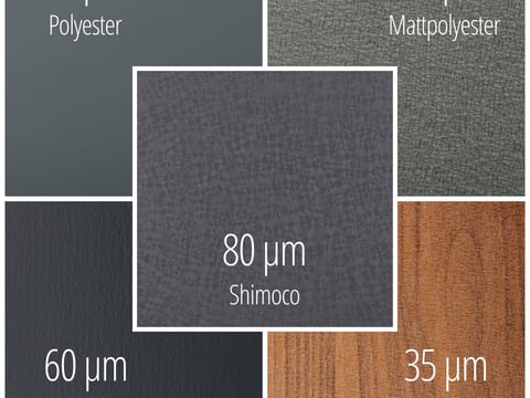 Vergleich von Pultabschluss-Beschichtungen: Polyester, Matt, Shimoco, TTHD, Struktur